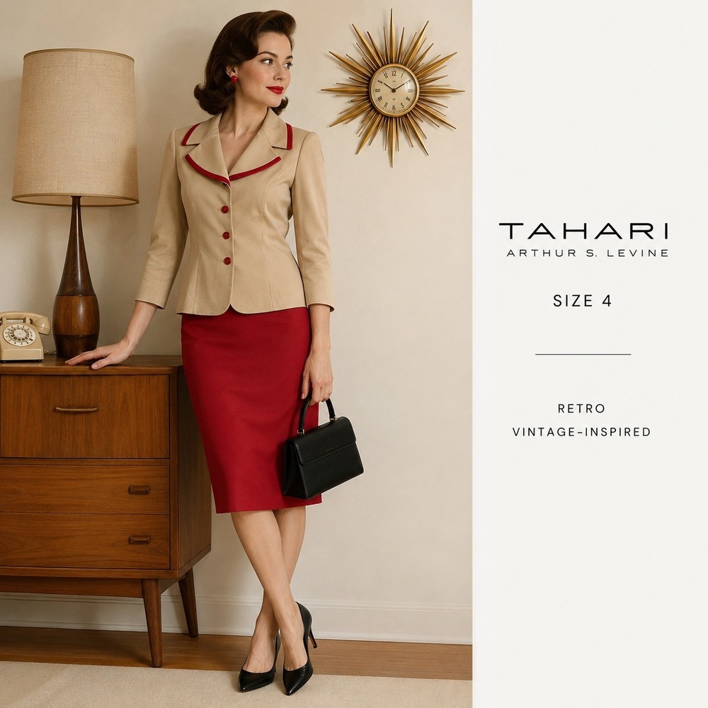 Tahari Arthur S Levine Skirt Suit Womens 4 Tan Red Tailored Professional Retro